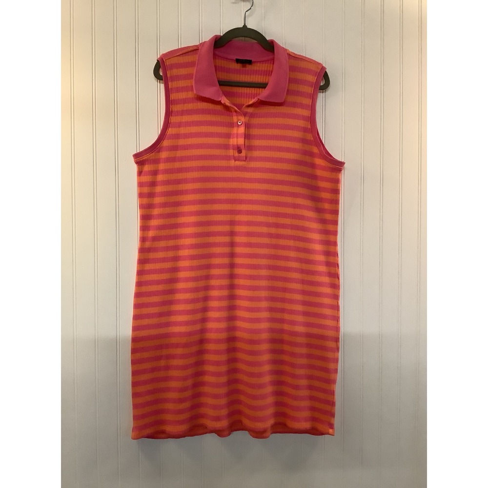 Talbots Women's XL Pink Orange Striped Ribbed Sleeveless Polo Dress Preppy